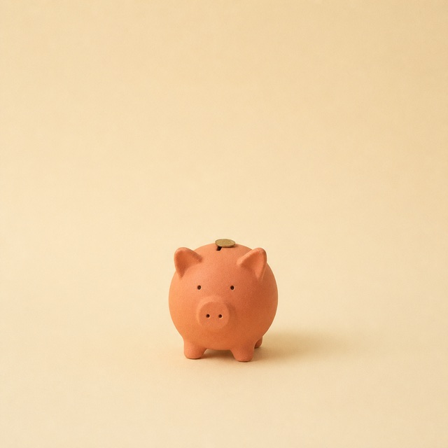 A coral clay piggy bank filling up as the savings grow